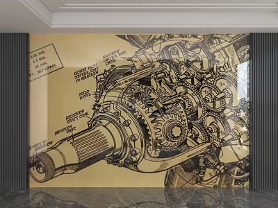 Vintage Mechanical Gears Background Wall Design With Engineering Drawings And Decorative Patterns 3d model