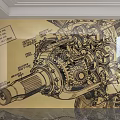 Vintage Mechanical Gears Background Wall Design With Engineering Drawings And Decorative Patterns 3d model