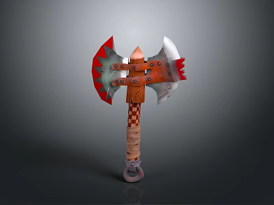 Fantasy Axe Weapon With Red And White Blades Wooden Checkered Handle Design 3d model