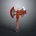 Fantasy Axe Weapon With Red And White Blades Wooden Checkered Handle Design