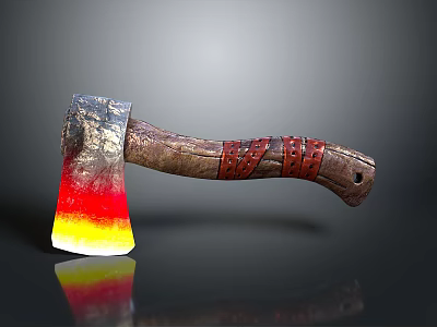 Decorative Axe Weapon With Red Yellow Gradient Blade And Wooden Handle With Red Patterns 3d model