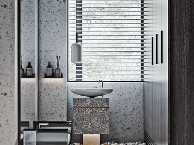 Modern Hotel Bathroom Interior With Stone Wall Sink Lighting And Window Blinds 3d model
