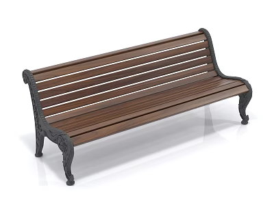 Traditional Public Bench Featuring Wooden Slats And Ornate Black Metal Frame 3d model
