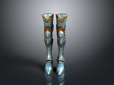 Silver Armor Boots Featuring Intricate Golden Decorations And Shiny Metallic Design 3d model