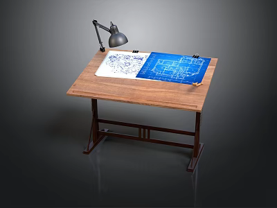 Wooden Drawing Table With Desk Lamp Blueprints And Pencil For Craft Workspace 3d model
