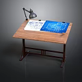 Wooden Drawing Table With Desk Lamp Blueprints And Pencil For Craft Workspace