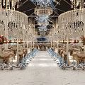 Luxurious Banquet Hall Interior With Crystal Chandeliers And Wedding Stage Decorations