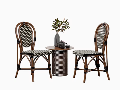 Stylish Wicker Dining Chairs With Round Wooden Table Decorative Plant And Teapot 3d model