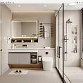 Modern Bathroom Interior With Large Mirror Vanity Toilet Glass Shower And Cabinets