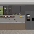 Modern Pantry Interior With Cabinets Refrigerator Sink Cups And Tea Sets On Shelves