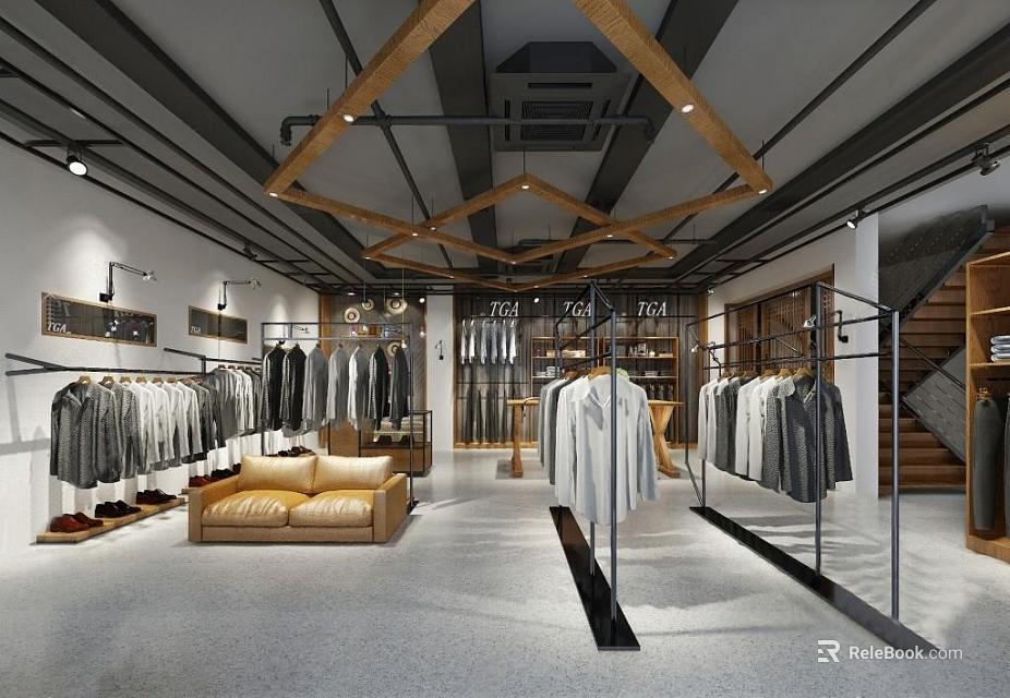 Modern Industrial Clothing Store Interior With Hanging Clothes Racks Sofa And Display Shelves 3d model 