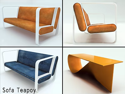Modern Orange Blue Sofa and Teapoy Set With White Frame and Stylish Design 3d model