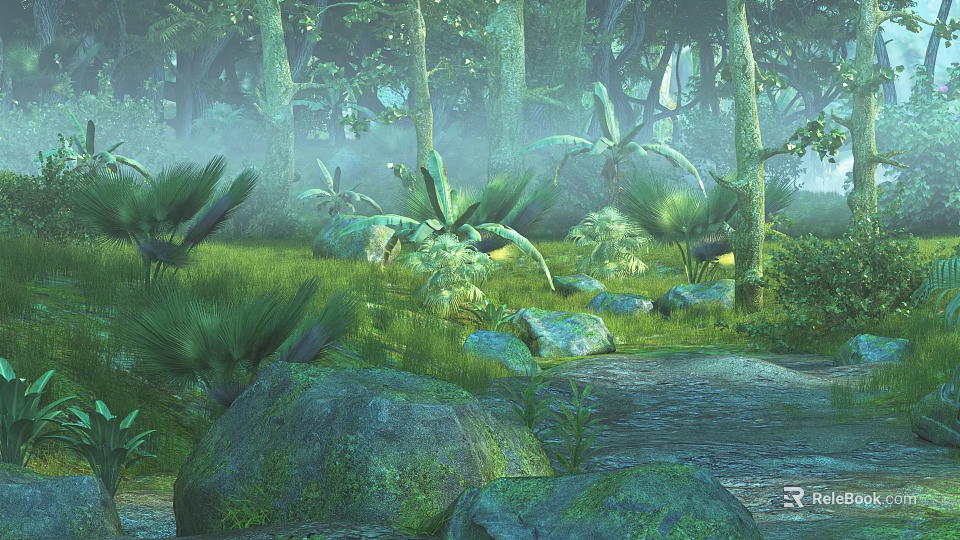 Enchanting Forest Landscape With Tall Trees Misty Atmosphere Green Grass Rocks Ferns And Winding Path 3d model 