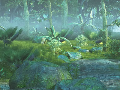 Enchanting Forest Landscape With Tall Trees Misty Atmosphere Green Grass Rocks Ferns And Winding Path 3d model