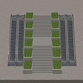 Modern Escalators With Central Staircase And Green Plants In Tiled Entrance Area