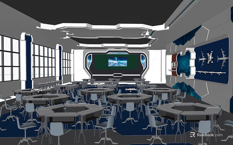 School Modern Classroom With Hexagonal Desks Large Screen And Aviation Decor 3d model