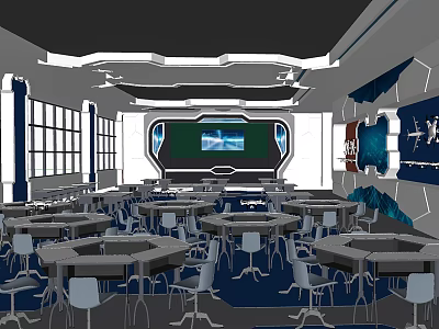 School Modern Classroom With Hexagonal Desks Large Screen And Aviation Decor 3d model