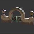 Traditional Arched Entrance Gate Featuring Stone Pillars And Lanterns On Both Sides