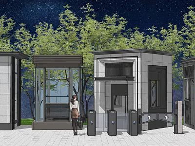 Modern Illuminated Guardhouses In Night Scene Surrounded By Trees With Pedestrian Nearby 3d model