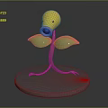 Yellow Character Plant With Green Leaves Long Stem And Legs On Round Base
