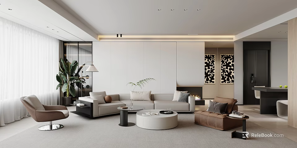Modern Living and Dining Room Interior With Sofa Coffee Tables Fireplace Plant And Decorative Paintings 3d model 