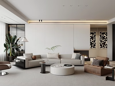 Modern Living and Dining Room Interior With Sofa Coffee Tables Fireplace Plant And Decorative Paintings 3d model