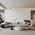 Modern Living and Dining Room Interior With Sofa Coffee Tables Fireplace Plant And Decorative Paintings