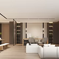 Modern Office Interior With Sofa Desk Computer Pendant Lights Large Windows And Wooden Flooring