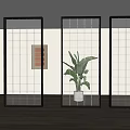 Three Modern Room Dividers with Glass Blocks and Black Frames in Interior Space 3d model