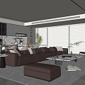 Modern Living and Dining Area Interior with Gray Cabinets Large Windows Brown Sofa Coffee Table 3d model