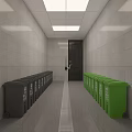 Narrow Corridor With Gray Walls Ceiling Lights Black Door Lined With Colored Trash Bins