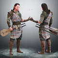 Game and Movie Characters in Plaid Outfits Holding Lute and Swords Shaking Hands