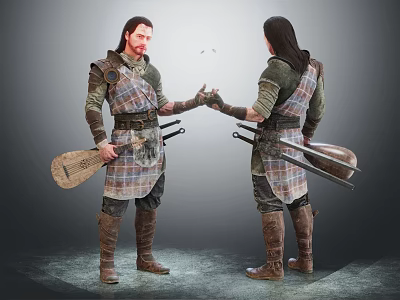 Game and Movie Characters in Plaid Outfits Holding Lute and Swords Shaking Hands 3d model