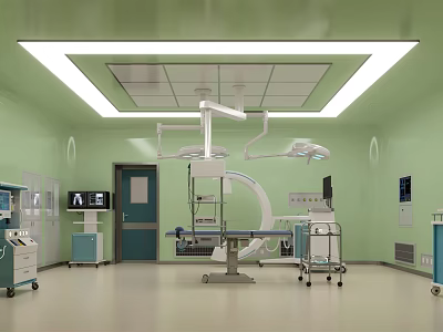 Modern Operating Room Interior With Surgical Lights Operating Table And Medical Equipment 3d model