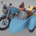 Blue Motorcycle With Sidecar Brown Seats Yellow Cloth And Luggage Packages