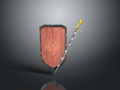 Medieval Weapon Display Featuring Red Wooden Shield Black Border And Golden Hilt Silver Sword 3d model