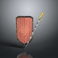 Medieval Weapon Display Featuring Red Wooden Shield Black Border And Golden Hilt Silver Sword