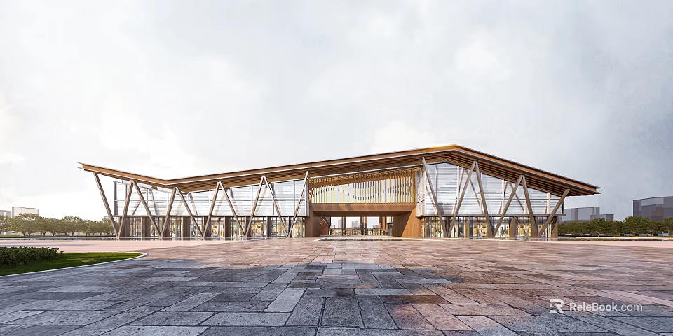 Modern Architectural Visitor Center Featuring Wooden Structure Glass Facade And Plaza 3d model 