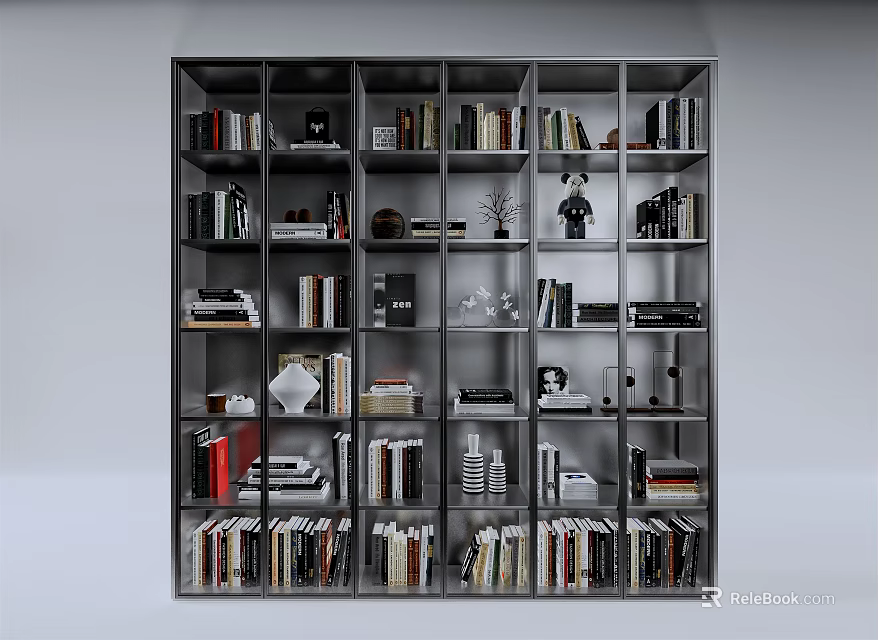 Modern Tall Bookcase With Multiple Shelves Books Decor And Ornaments 3d model