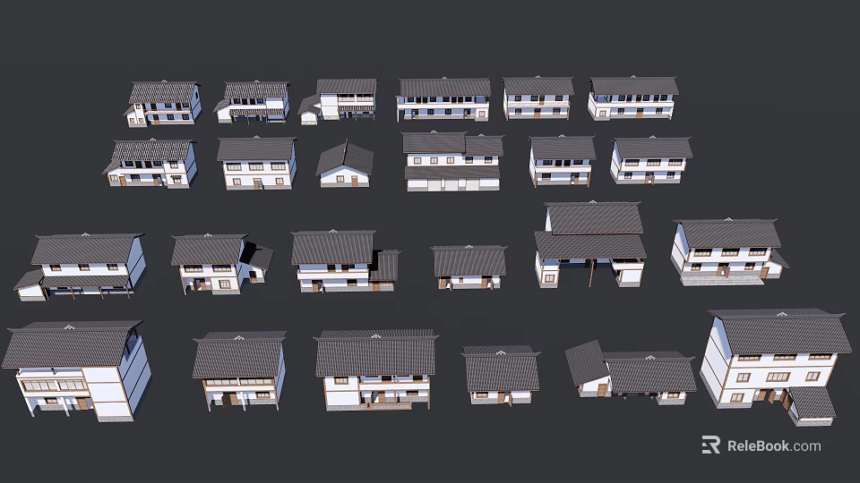 Various Architectural Models Featuring Building Exterior Walls With White Surfaces and Tile Roofs 3d model 