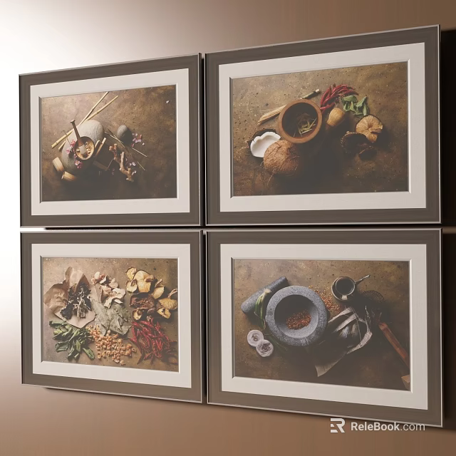 Four Brown Framed Decorative Paintings With Kitchen Spices And Cooking Utensils 3d model 