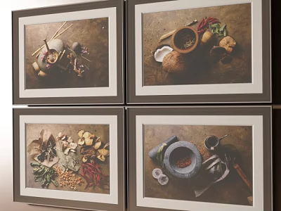 Four Brown Framed Decorative Paintings With Kitchen Spices And Cooking Utensils 3d model