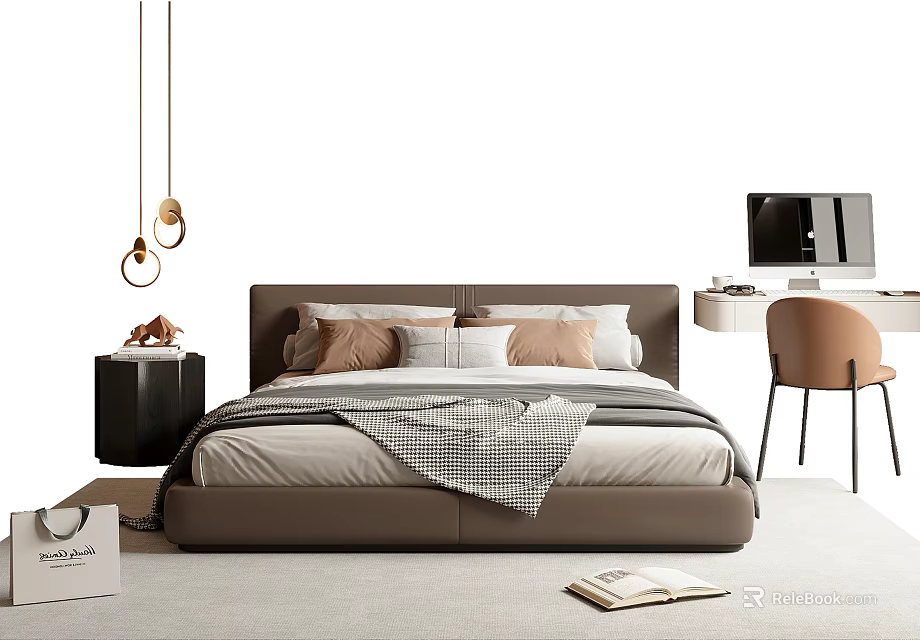 Modern Double Bed with Brown Headboard Pillows Checkered Blanket Black Nightstand and Gold Pendant Lights 3d model 