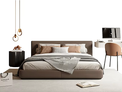 Modern Double Bed with Brown Headboard Pillows Checkered Blanket Black Nightstand and Gold Pendant Lights 3d model