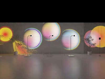 Floor Lamp Combinations Creating Vibrant Round Light Projections In Modern Indoor Space With Potted Plants 3d model