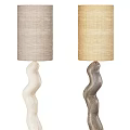 Modern Floor Lamps With White Twisted And Wooden Bases Light Gray Beige Fabric Shades