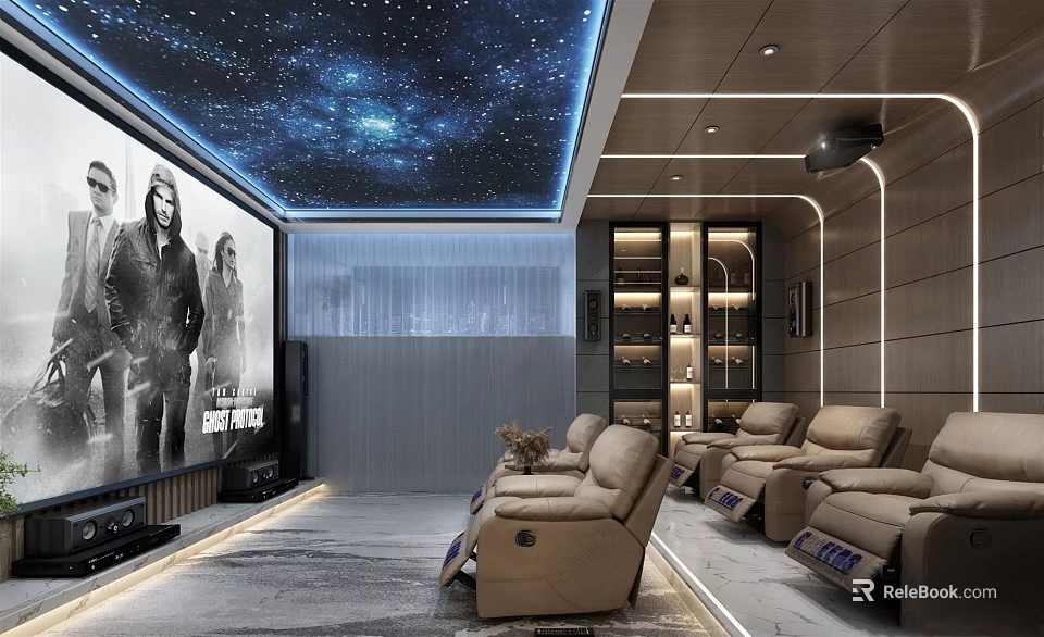 Modern Home Theater With Large Screen Starry Ceiling And Comfortable Recliner Seats 3d model 