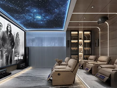 Modern Home Theater With Large Screen Starry Ceiling And Comfortable Recliner Seats 3d model