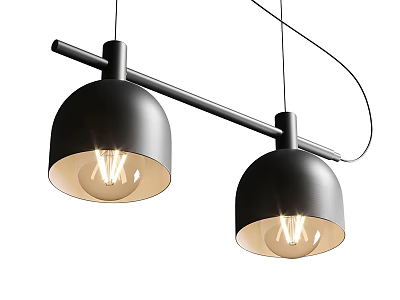 Two Modern Black Dome Shaped Pendant Lights Hanging On Black Rod With Illuminated Bulbs 3d model