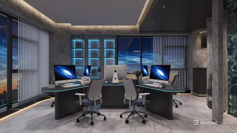 Modern Open Office Space Featuring Glass Top Desk Multiple Computers Office Chairs and Floor-to-Ceiling Windows 3d model 